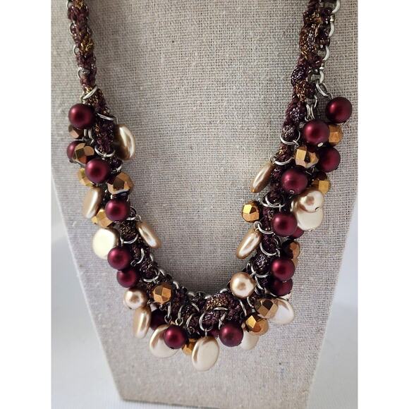 Necklace-Vintage St. John-Multi Strand-Beads-Woven-Dark Purple-Gold-22 in - Picture 2 of 14